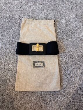Gucci Black Elastic Belt with Gold Bamboo-Style Buckle